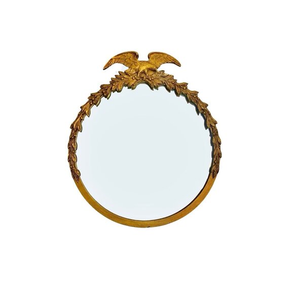 Mirror Vintage Round Gilt Wood Frame with Federal Eagle on Top and Carved Wreath - Picture 4 of 6